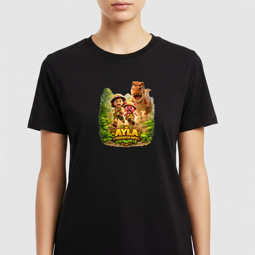 Camiseta com estampa frontal de exploradora ao lado de dinossauro e cachorro em cenário de selva, com o texto "Ayla a Caçadora de Dinos".