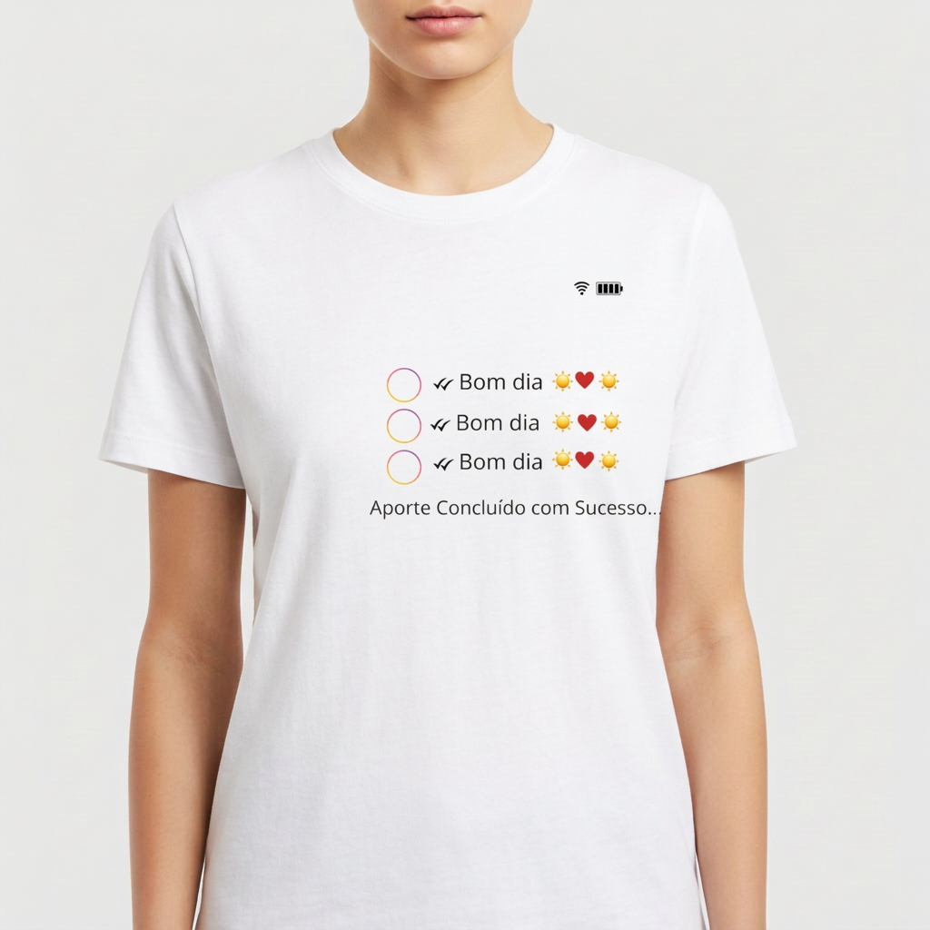 Camiseta com estampa frontal de mensagens "Bom dia" com ícones de sol e coração lado a lado de círculos coloridos, seguida de "Aporte Concluído com Sucesso...".
