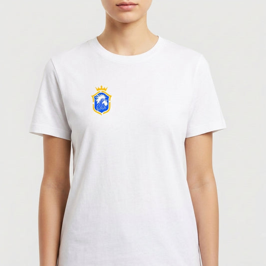 Camiseta com estampa frontal de brasão detalhado e estampa traseira de "Brasil de Axé" com números "777" estilizados sobre imagem difusa de elementos culturais.