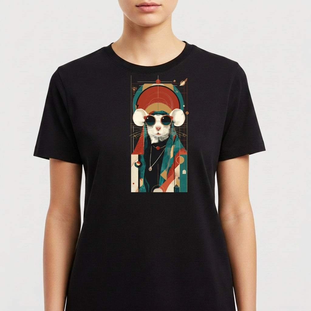 Camiseta com estampa frontal de um gato estilizado em trajes geométricos e óculos, com um fundo abstrato repleto de formas e elementos decorativos.