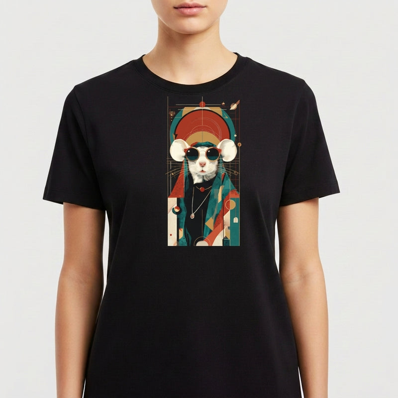 Camiseta com estampa frontal de um gato estilizado em trajes geométricos e óculos, com um fundo abstrato repleto de formas e elementos decorativos.