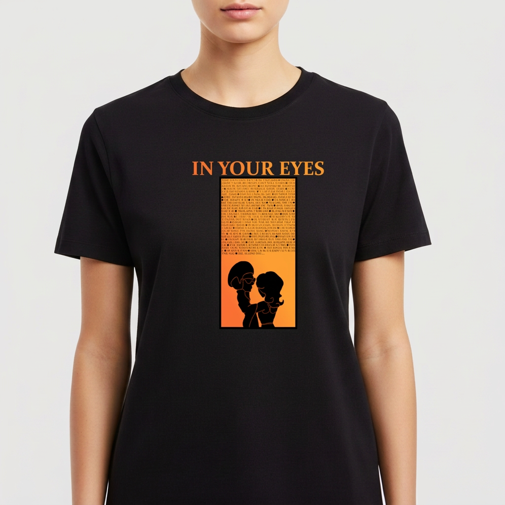 Camiseta com estampa frontal de duas silhuetas perfiladas em preto contrastando sobre fundo alaranjado, sob texto "IN YOUR EYES" em letras grandes.
