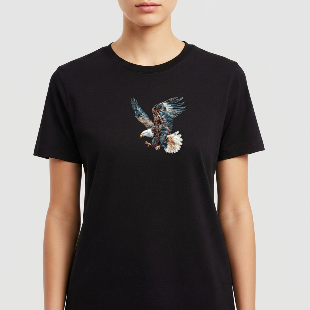 Camiseta com estampa frontal de águia em voo, capturando detalhes nas asas abertas e penas texturizadas, expressando movimento e precisão.
