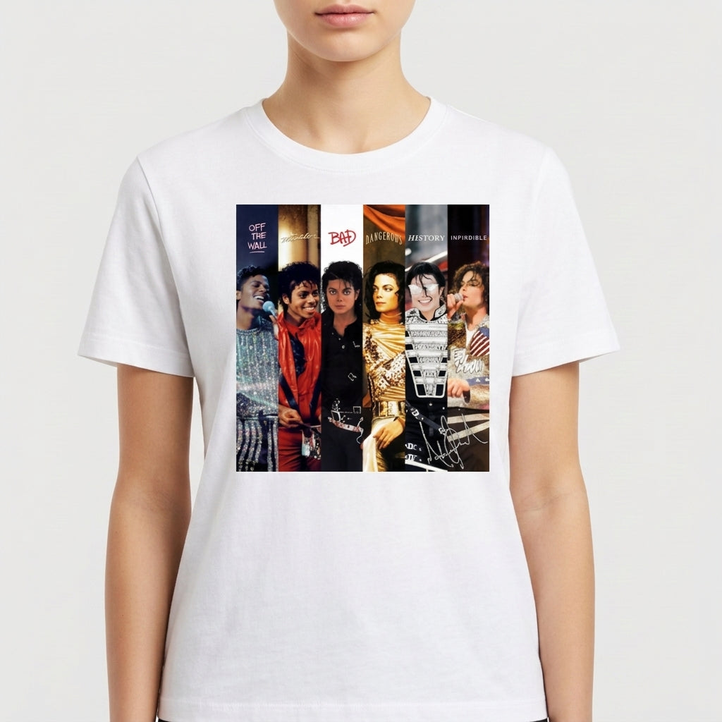 Camiseta com estampa frontal de colagem de imagens retratando várias fases de um artista, com álbuns icônicos e poses distintas em sequência.