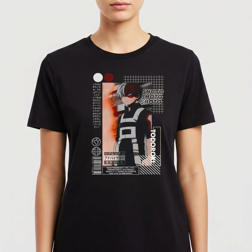 Camiseta com estampa frontal de personagem anime com cabelo bicolor, traje estilizado, detalhes de texto japonês e elementos geométricos ao fundo.