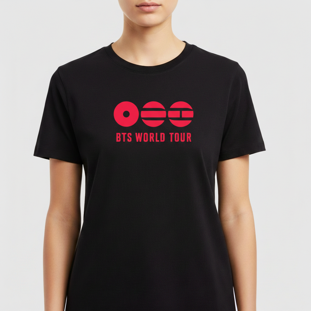 Camiseta com estampa frontal de três círculos estilizados e texto "BTS WORLD TOUR" abaixo, em um design clean e moderno.