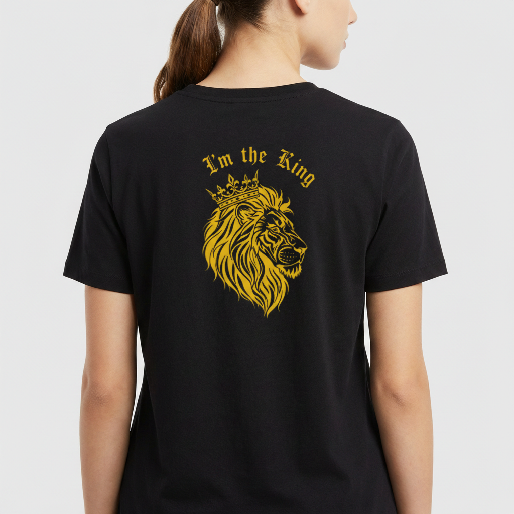 Camiseta com estampa frontal de um pequeno emblema e estampa traseira de um leão com coroa e texto "I'm the King".