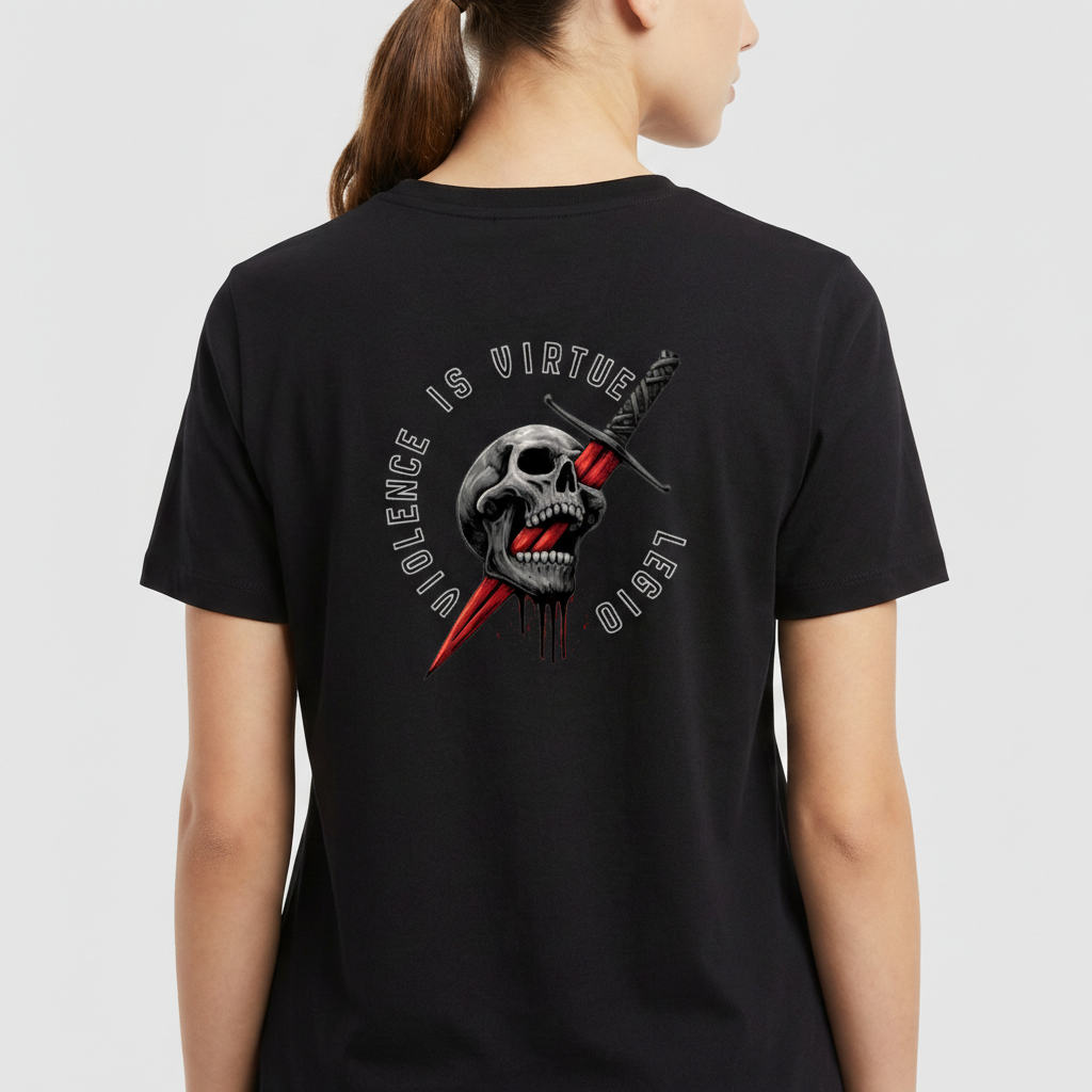 Camiseta com estampa frontal de frase estilizada "Violence is Virtue Legio" e estampa traseira de caveira perfurada por espada com inscrição ao redor.
