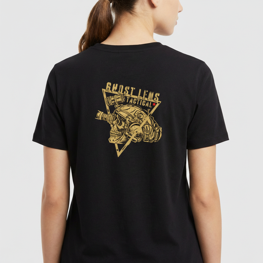 Camiseta com estampa frontal de caveira com visor em triângulo e estampa traseira de caveira tática com dispositivos, triângulo e texto "Ghost Lens Tactical".