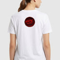 Camiseta com estampa frontal de texto estilizado "presságio" em fonte gótica e estampa traseira de círculo com inscrição "Maffie Records" em estilo artístico.