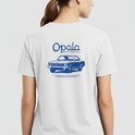 Camiseta com estampa frontal de "Opala" em fonte estilizada e estampa traseira de carro clássico com a palavra "Opala" em destaque acima.