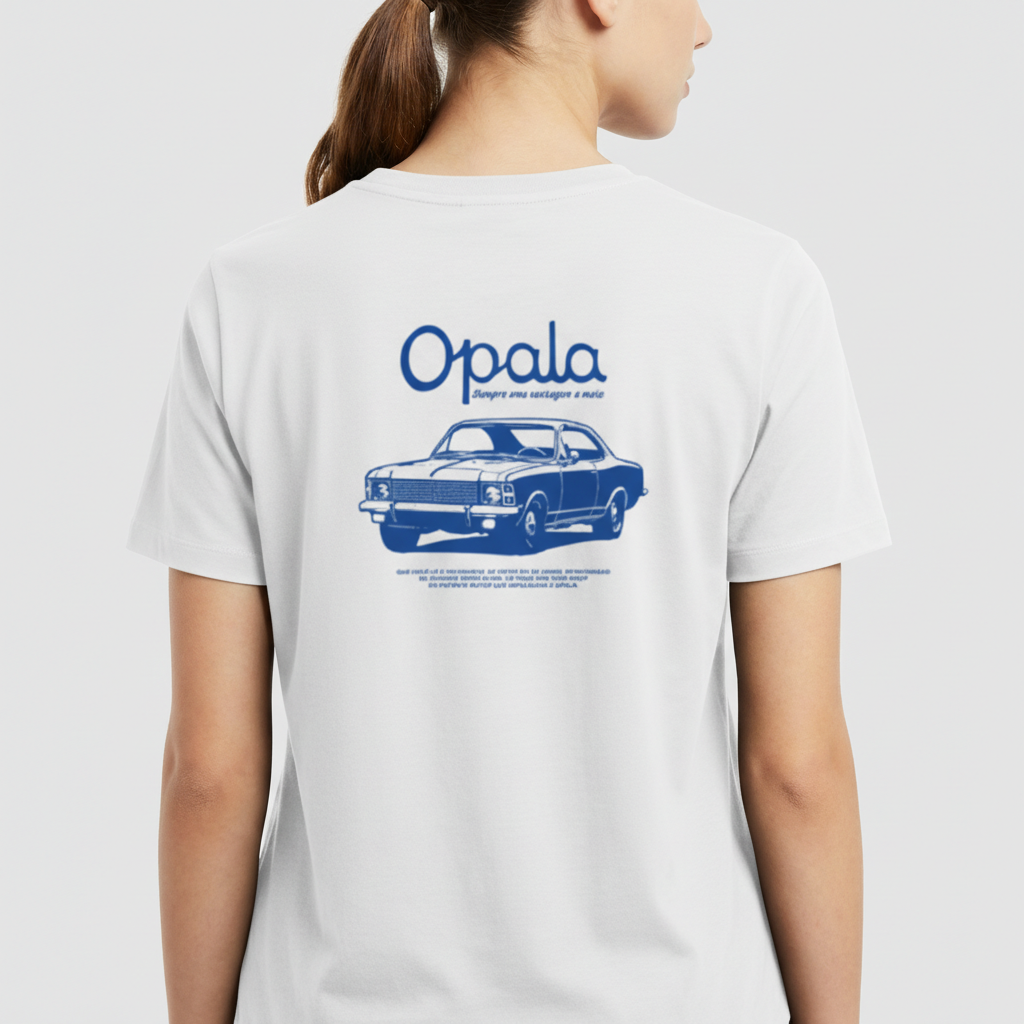 Camiseta com estampa frontal de "Opala" em fonte estilizada e estampa traseira de carro clássico com a palavra "Opala" em destaque acima.