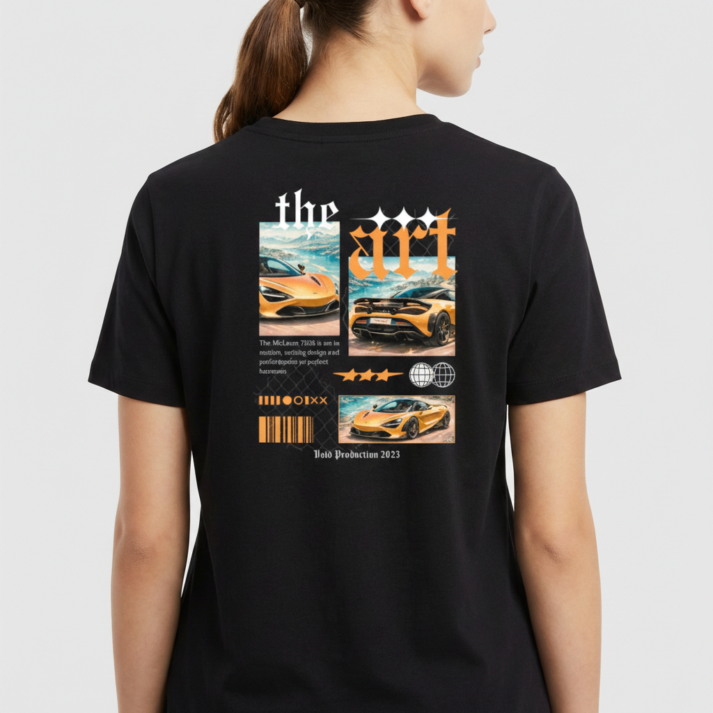 Camiseta com estampa traseira de colagem automotiva, incluindo dois carros esportivos, texto estilizado "the art", códigos de barras e ícones gráficos.