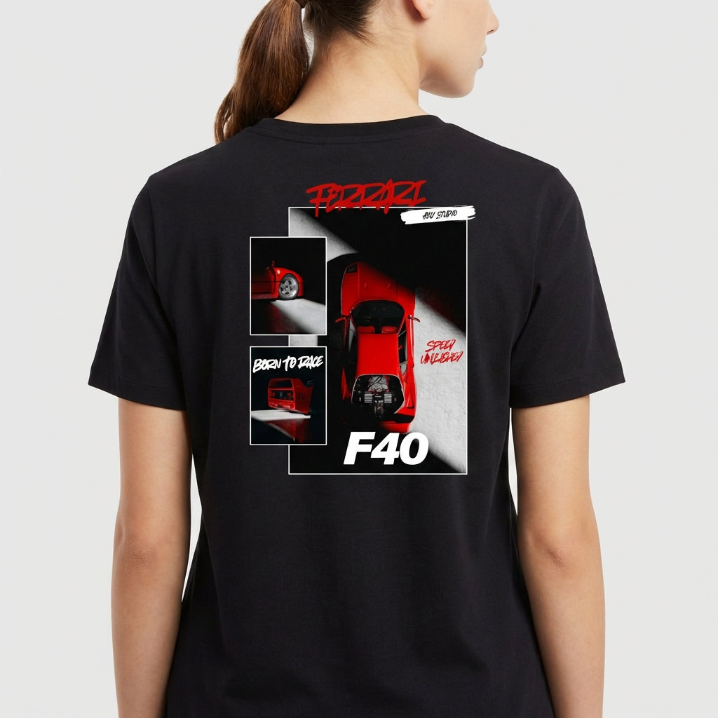 Camiseta com estampa frontal de carro esportivo em várias perspectivas, com textos estilizados, incluindo "F40", "Born to Race" e "Stay Inspired".