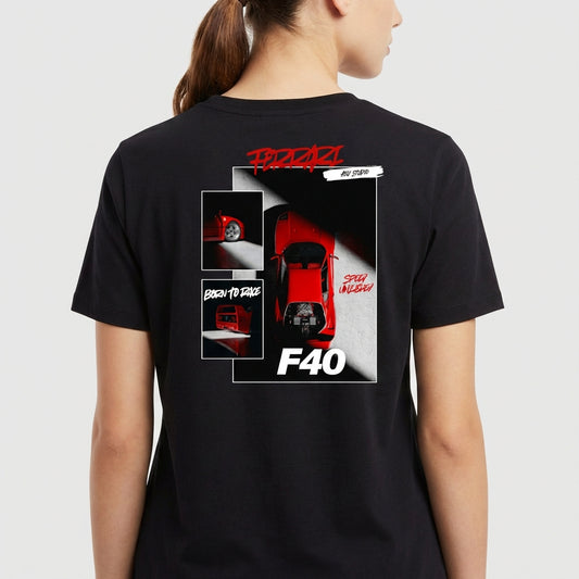 Camiseta com estampa frontal de carro esportivo em várias perspectivas, com textos estilizados, incluindo "F40", "Born to Race" e "Stay Inspired".