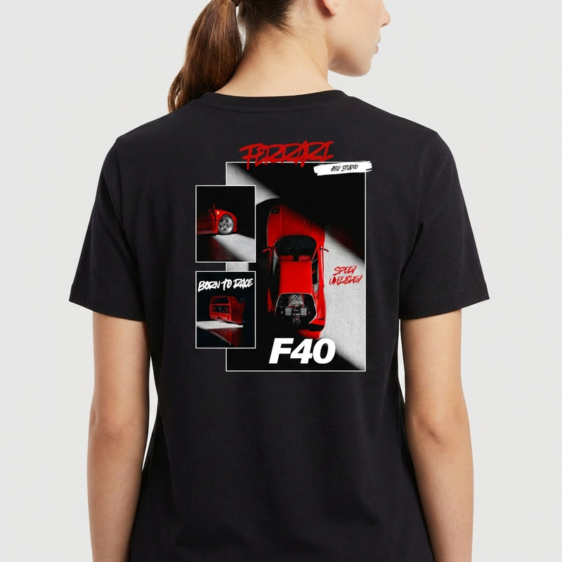 Camiseta com estampa frontal de carro esportivo em várias perspectivas, com textos estilizados, incluindo "F40", "Born to Race" e "Stay Inspired".