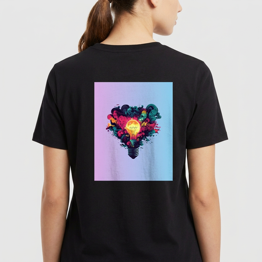 Camiseta com estampa frontal de retângulo gradiente e estampa traseira de lâmpada rodeada por explosão de cores vibrantes em fundo gradiente.