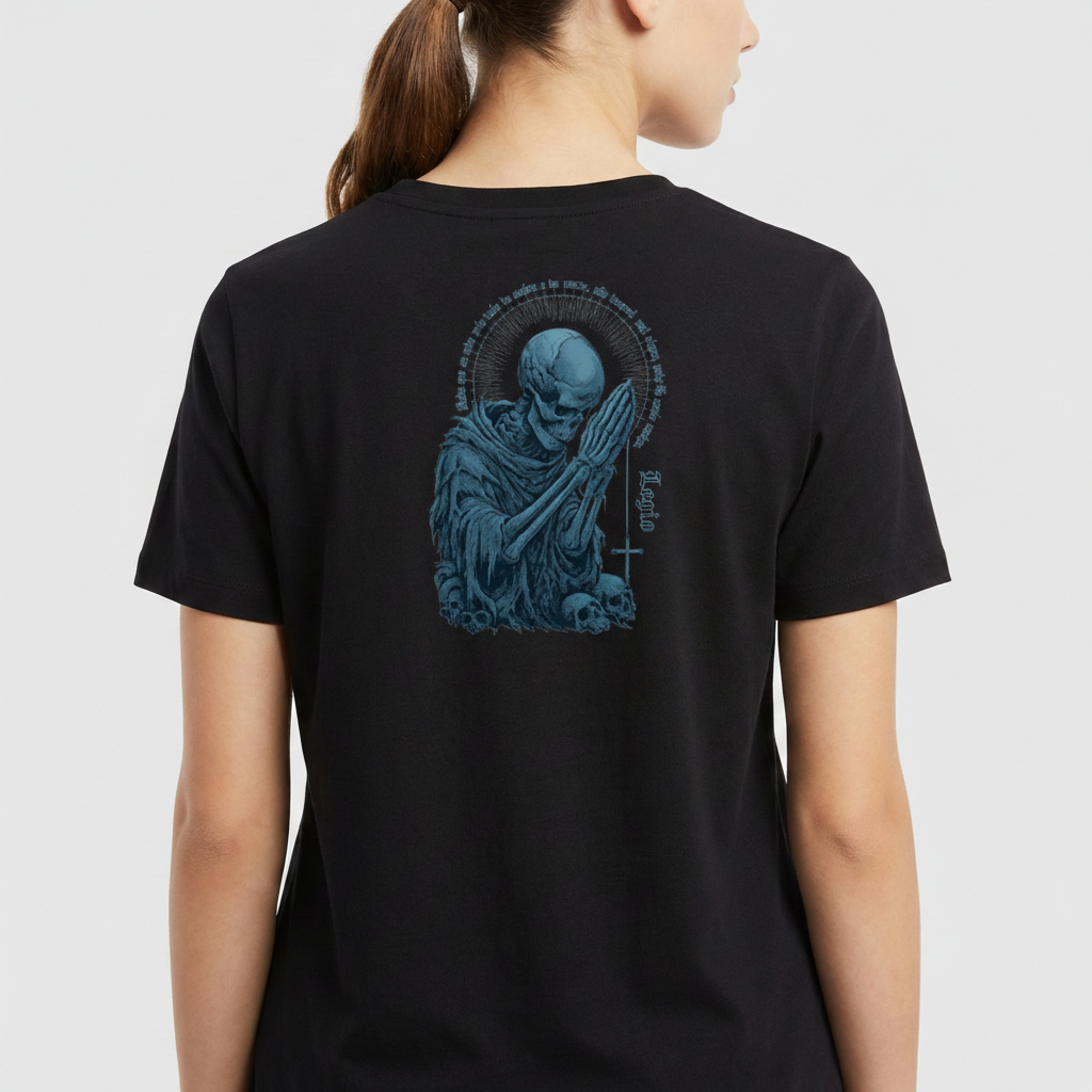 Camiseta com estampa frontal de cruz detalhada e escrito "Legio", e estampa traseira com esqueleto orando rodeado de caveiras e detalhes circulares.