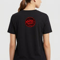 Camiseta com estampa frontal de palavra estilizada "pressagio" e estampa traseira de um círculo contendo o texto "Maffie Records" em fonte marcante.
