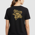 Camiseta com estampa frontal de caveira com capacete e óculos em triângulo e estampa traseira de caveira tática detalhada, texto "Ghostlens Tactical".