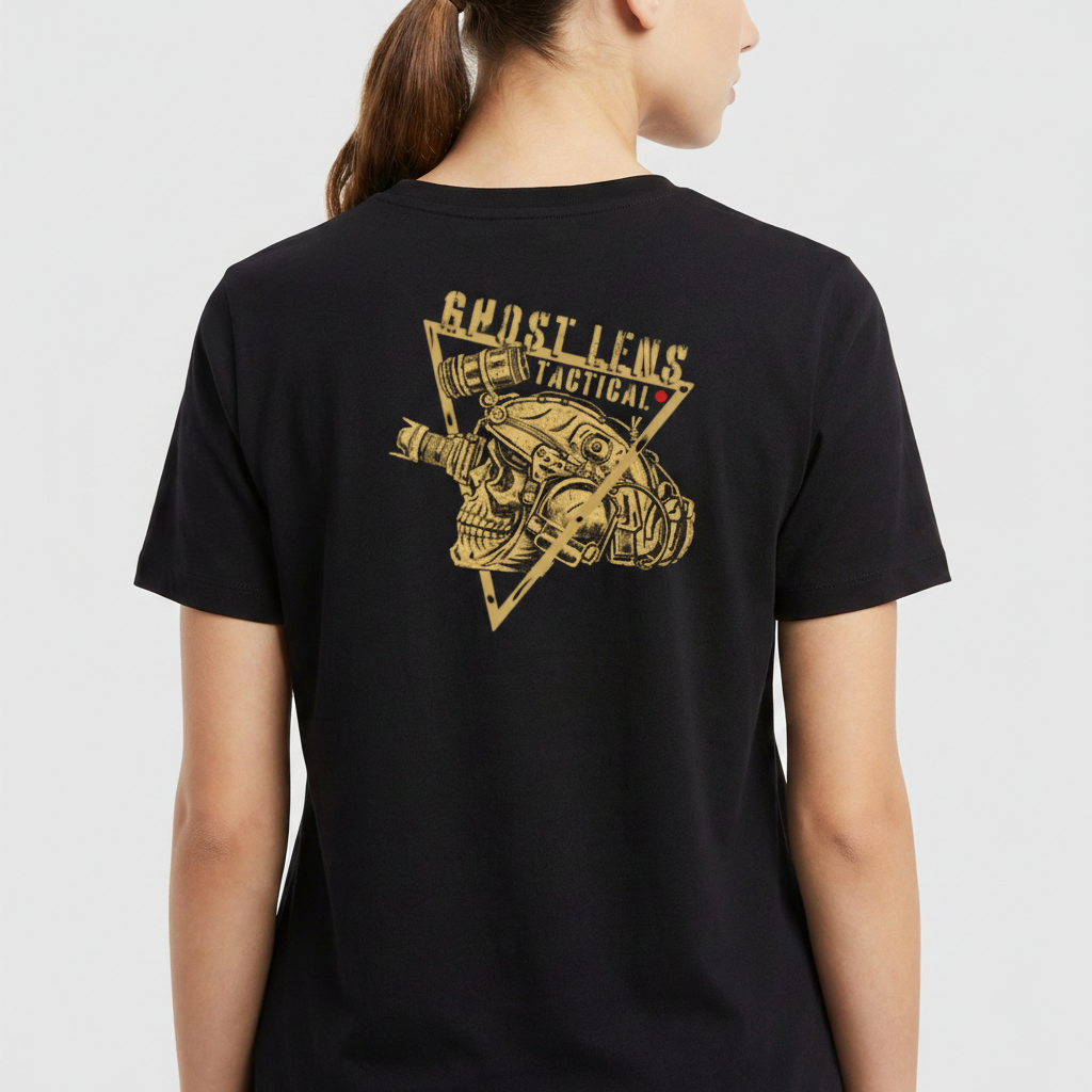 Camiseta com estampa frontal de caveira com capacete e óculos em triângulo e estampa traseira de caveira tática detalhada, texto "Ghostlens Tactical".
