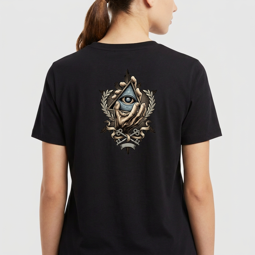 Camiseta com estampa frontal de letras estilizadas com coroa acima e estampa traseira de olho dentro de símbolo triangular com elementos florais ao redor.