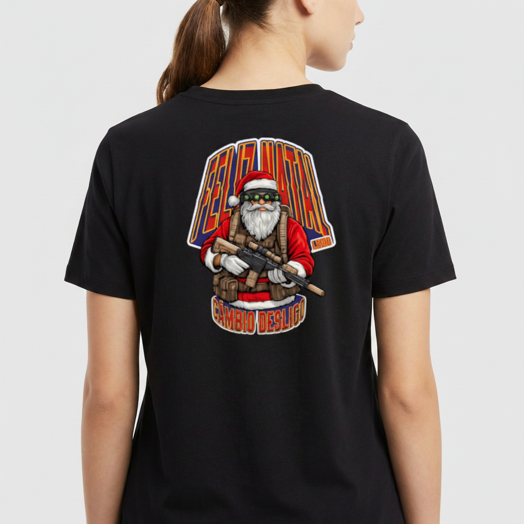 Camiseta com estampa frontal de pequeno logotipo quadrado e estampa traseira de Papai Noel em estilo militar segurando rifle, com texto "Feliz Natal!".