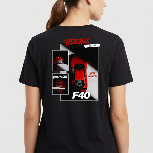 Camiseta com estampa traseira de carro esportivo F40 em perspectiva de cima, com detalhes de rodas e frase "Born to Race" em estilo gráfico moderno.