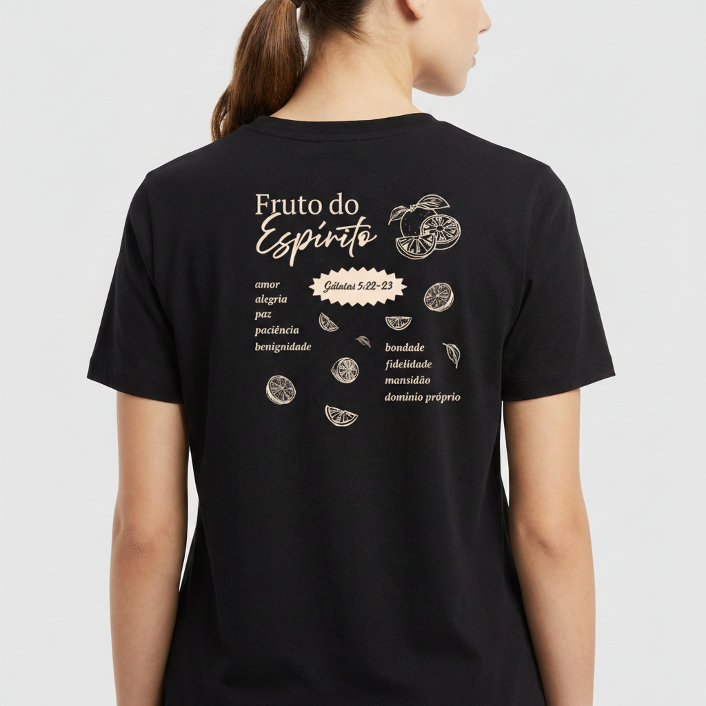 Camiseta com estampa frontal de limão desenhado em traços finos, e estampa traseira de citação "Fruto do Espírito" com limões e elementos escritos.