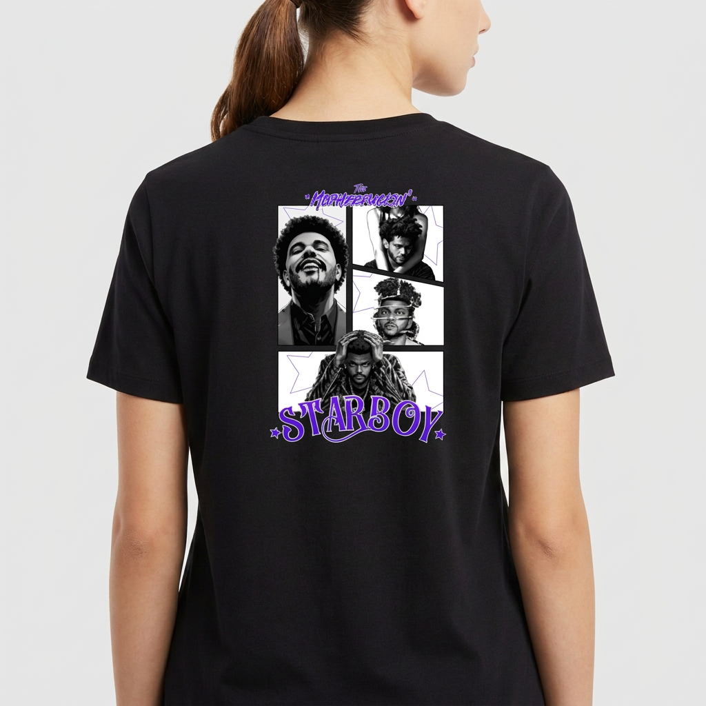 Camiseta com estampa frontal de três estrelas sobrepostas de tamanhos variados e estampa traseira de colagem fotográfica artística com texto "Starboy".