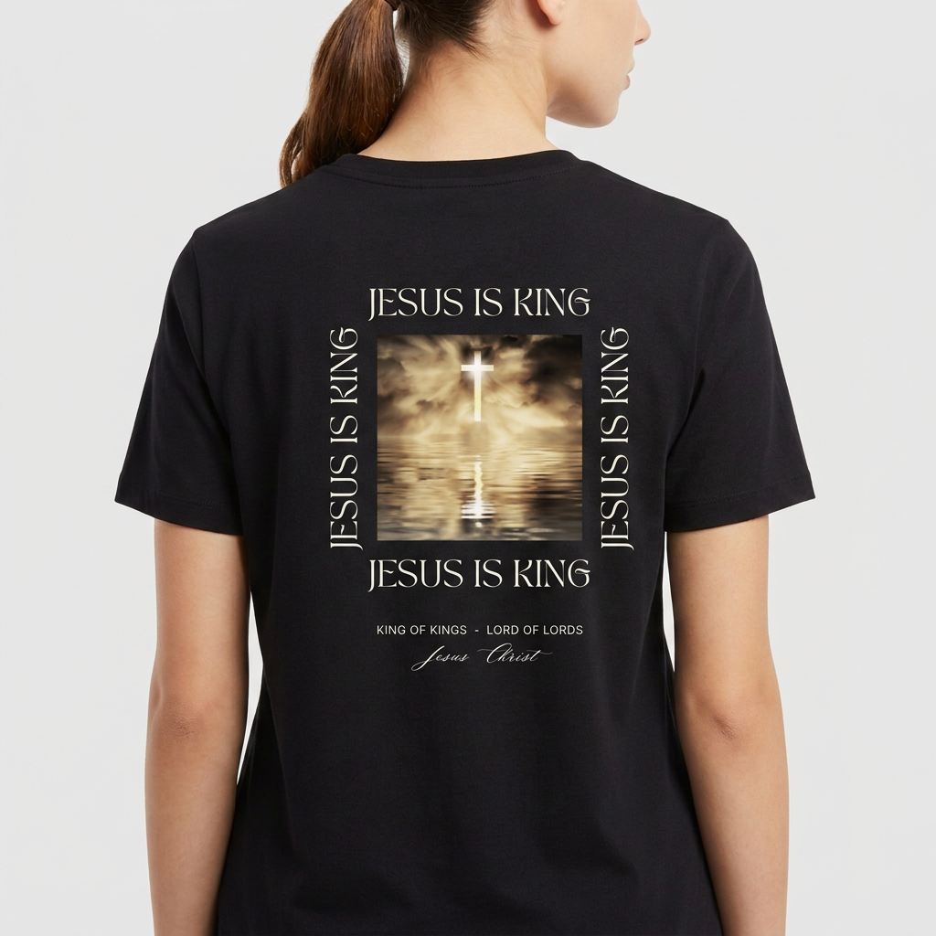 Camiseta com estampa frontal de "Jesus is King" decorada com uma coroa e estampa traseira apresentando cruz refletida na água com "Jesus is King".