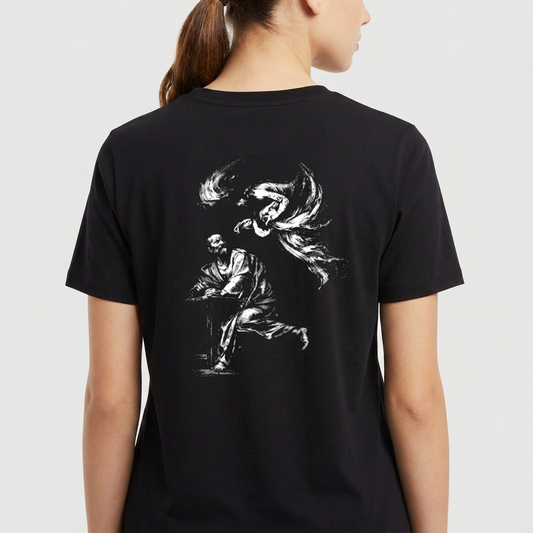 Camiseta com estampa frontal de texto "PARANOID" em letras maiúsculas e estampa traseira de figura ilustrativa de pessoa sentada com figura alada acima.