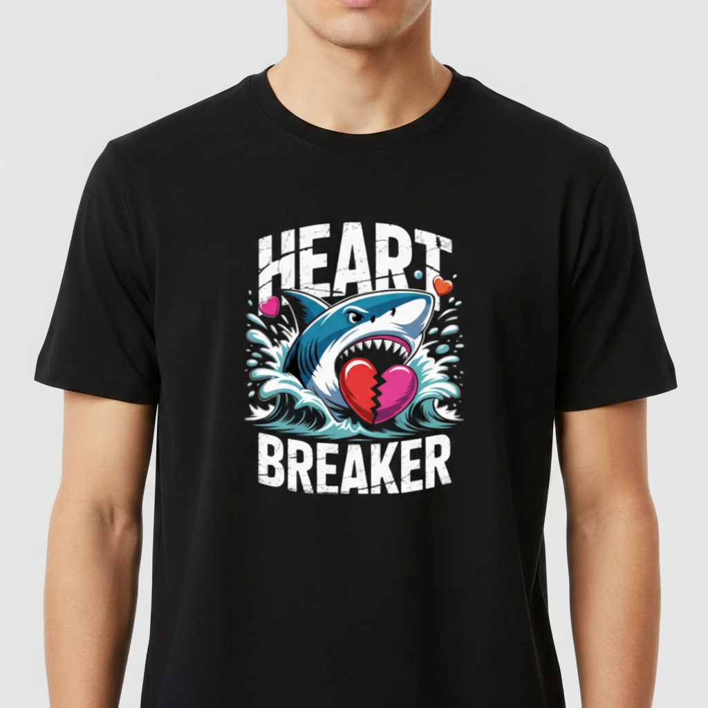 Camiseta com estampa frontal de tubarão sorridente segurando coração partido, rodeado por ondas e três corações menores, texto "Heart Breaker" ao redor.