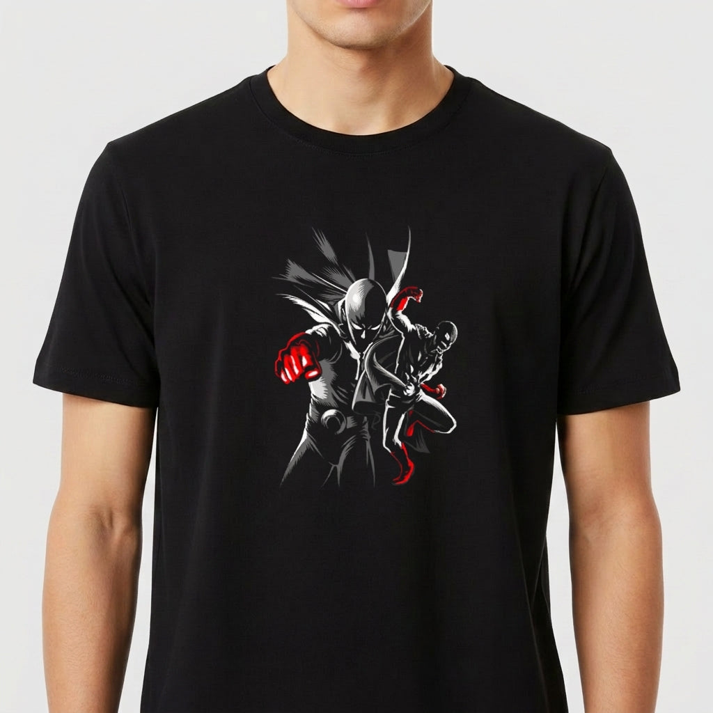 Camiseta com estampa frontal de um herói em pose dinâmica, destacando detalhes vívidos em vermelho com traços sombreados, conferindo profundidade ao design.