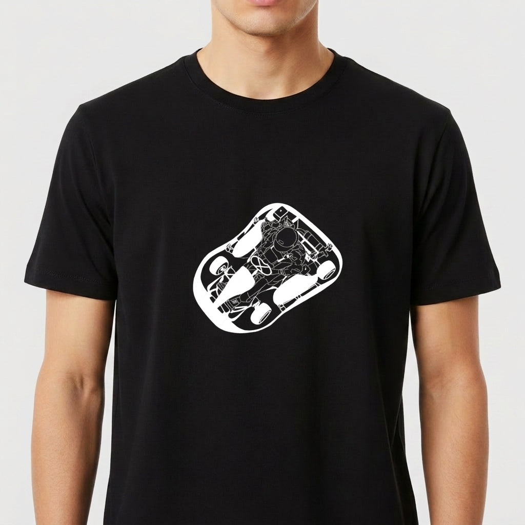 Camiseta com estampa frontal de um kart estilizado, mostrando detalhes intrincados do veículo em traços finos, com elementos que sugerem movimento.