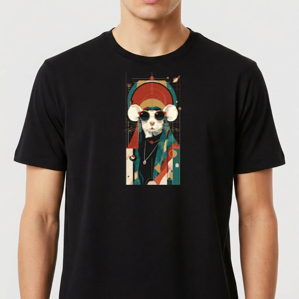 Camiseta com estampa frontal de um gato estilizado em trajes geométricos e óculos, com um fundo abstrato repleto de formas e elementos decorativos.