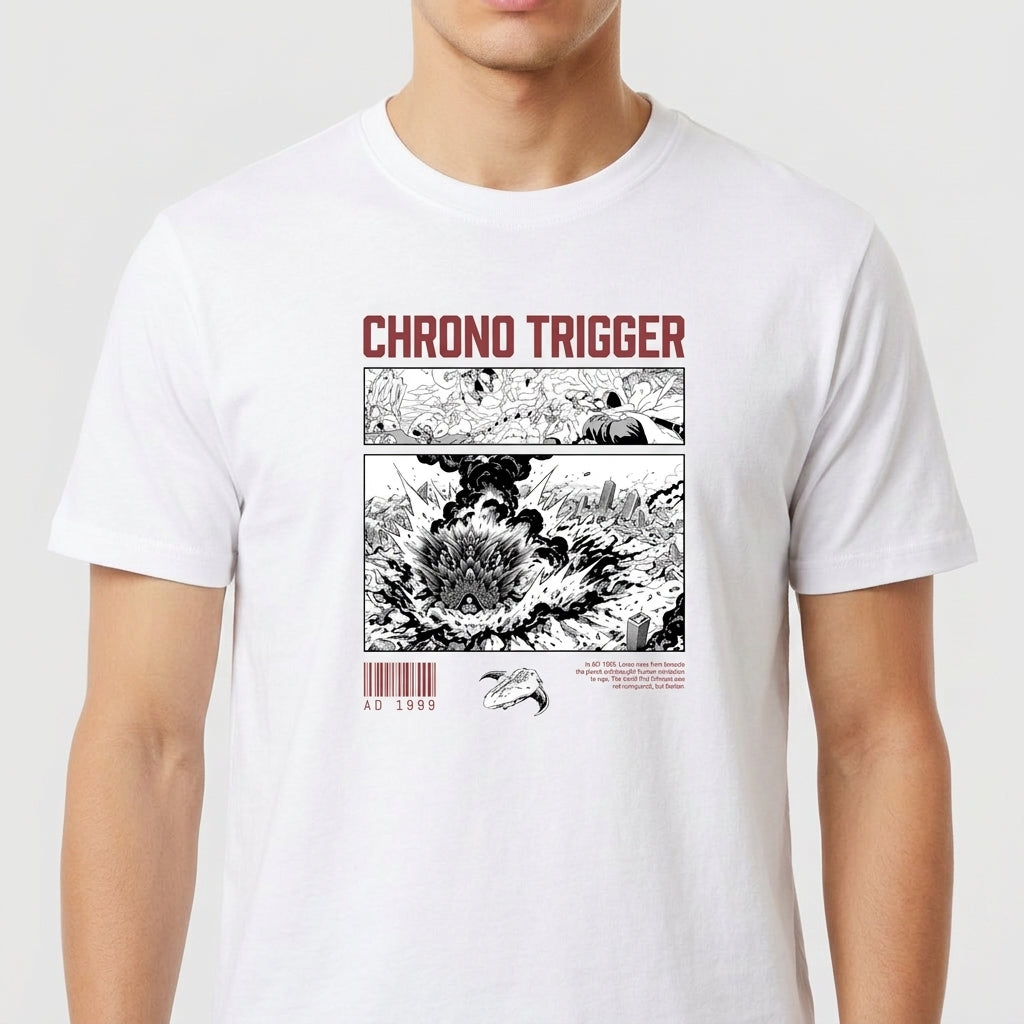 Camiseta com estampa frontal de três quadros estilo mangá repletos de detalhes dramáticos, incluindo um impacto explosivo e o título "Chrono Trigger" em destaque.