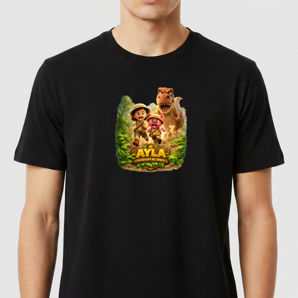 Camiseta com estampa frontal de exploradora ao lado de dinossauro e cachorro em cenário de selva, com o texto "Ayla a Caçadora de Dinos".