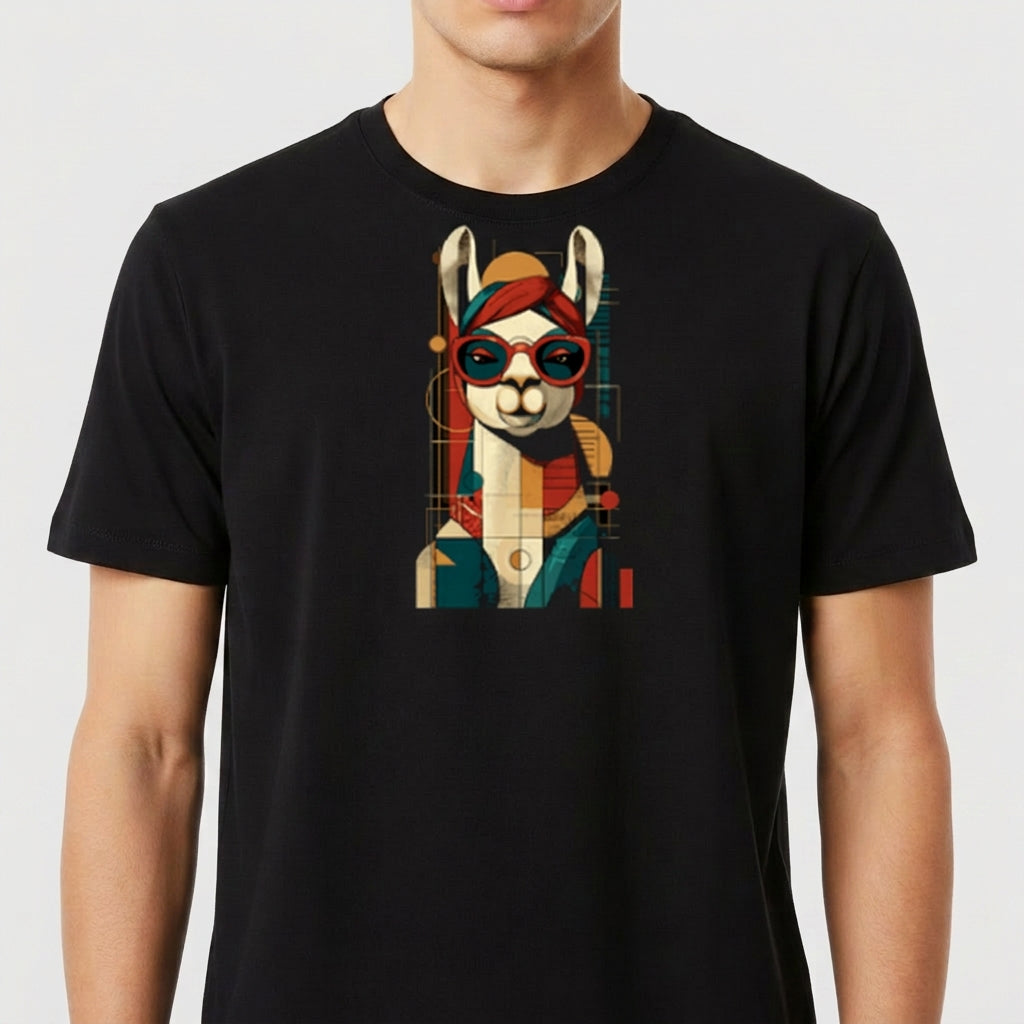 Camiseta com estampa frontal de uma lhama estilizada usando óculos escuros, com elementos geométricos e um visual artístico moderno.