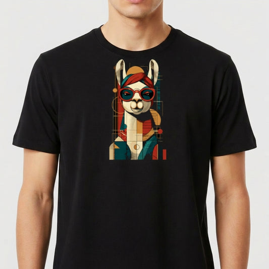 Camiseta com estampa frontal de uma lhama estilizada usando óculos escuros, com elementos geométricos e um visual artístico moderno.