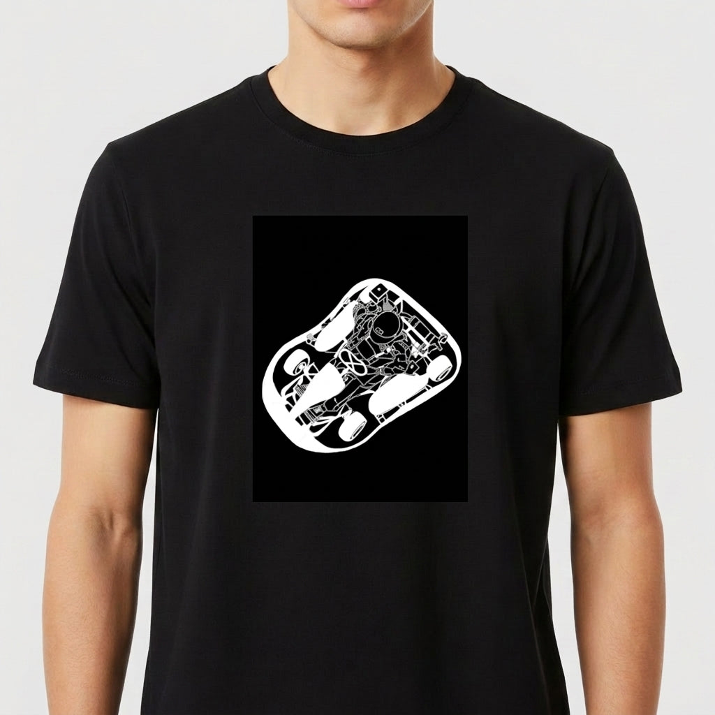 Camiseta com estampa frontal de um design abstrato e intricado, apresentando formas geométricas e linhas curvas que parecem se fundir em um padrão complexo.