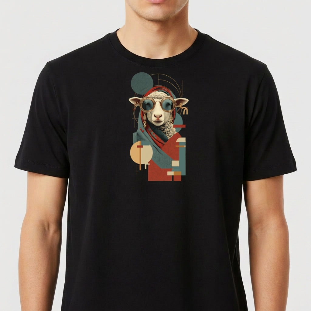 Camiseta com estampa frontal de ovelha estilizada usando óculos de sol, com elementos geométricos sobrepostos, incluindo círculos e retângulos diversos.