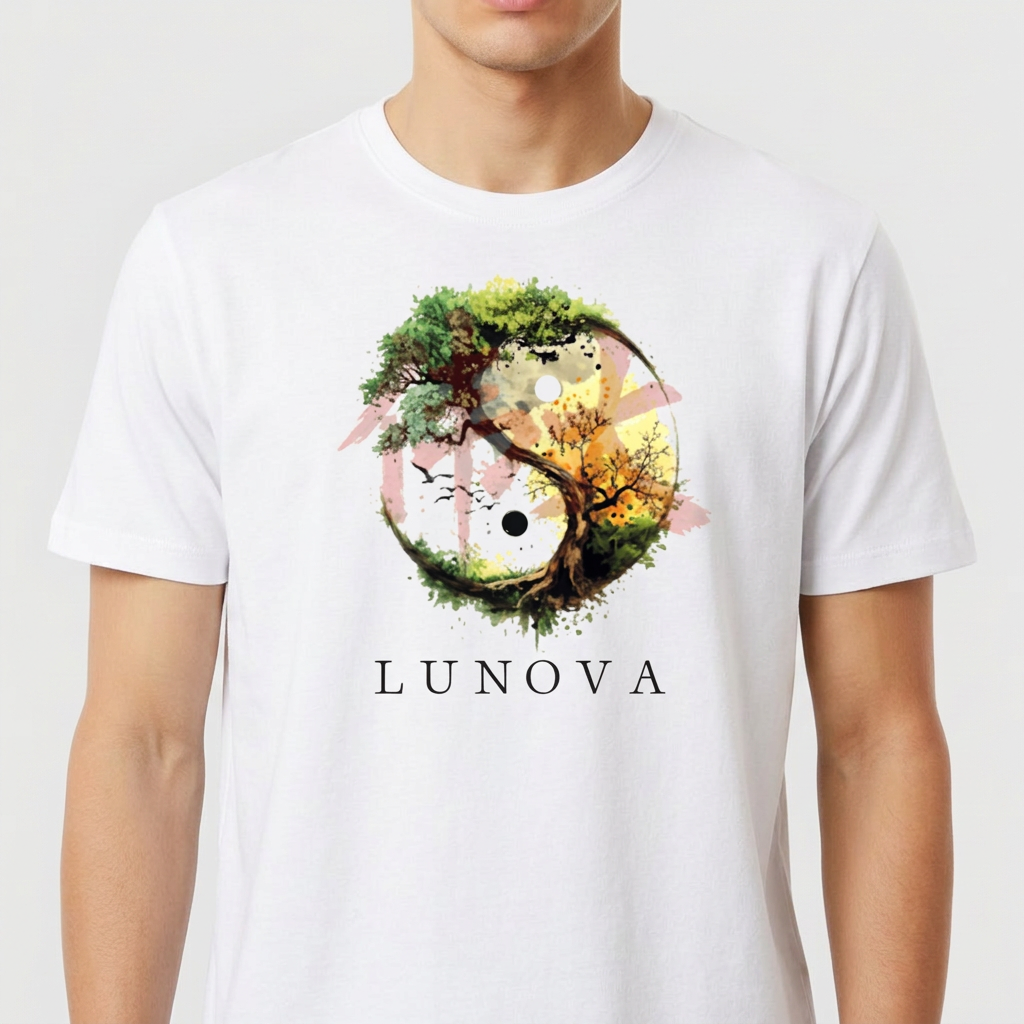 Camiseta com estampa frontal de um yin yang formado por elementos naturais como árvores e vegetação, com a palavra "LUNOVA" abaixo.