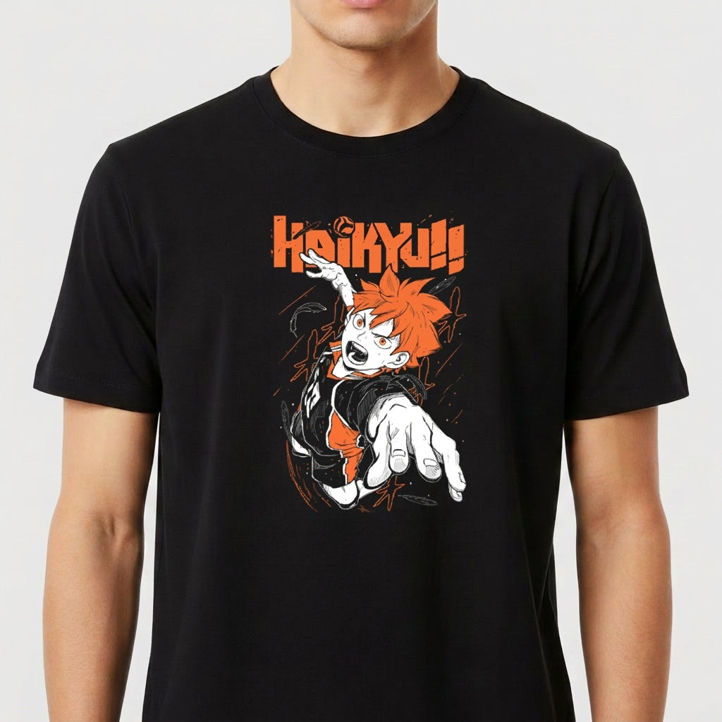 Camiseta com estampa frontal de um personagem de anime em ação, destacando-se com cabelos vibrantes sob um logotipo estilizado e dinâmico acima.