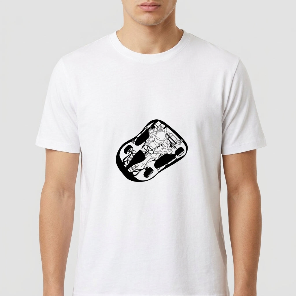Camiseta com estampa frontal de astronauta em traje espacial dentro de uma cápsula em estilo desenho, com detalhes geométricos e espaçonave ao redor.