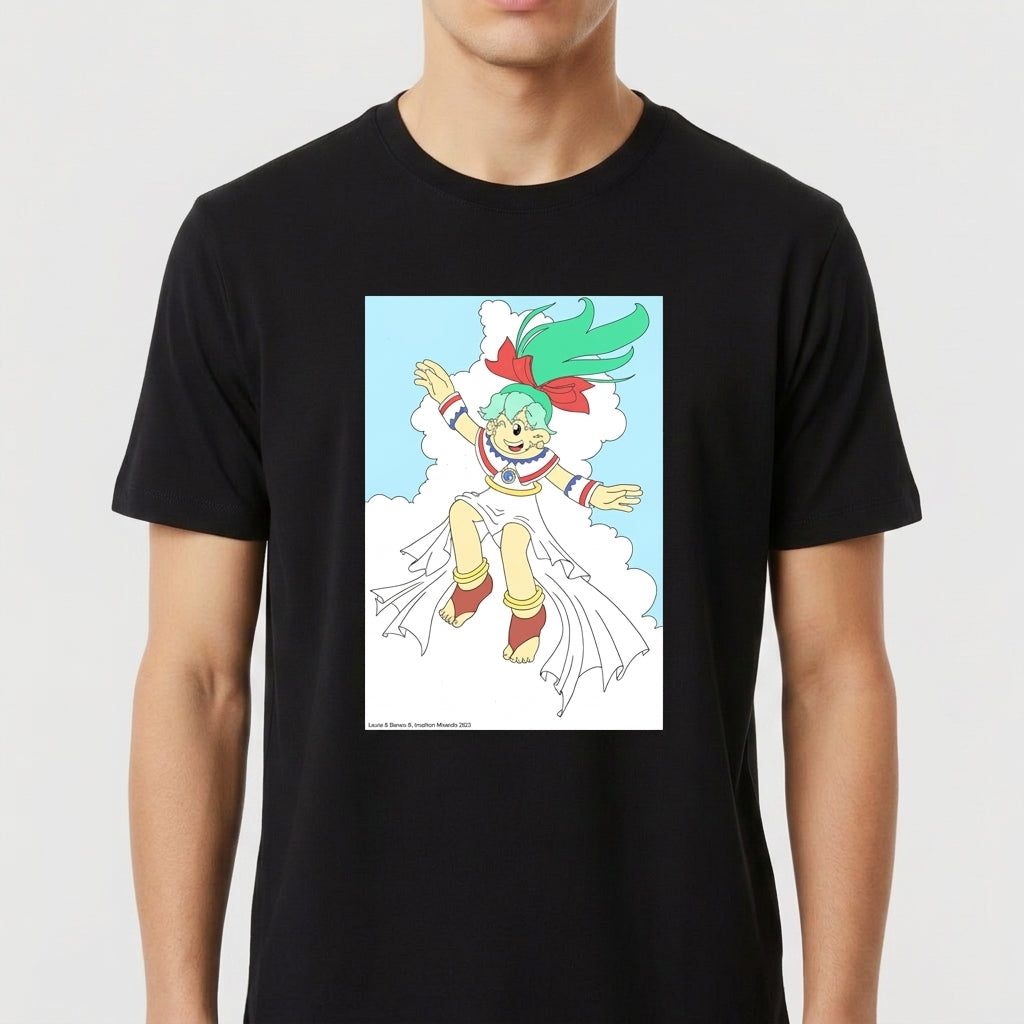 Camiseta com estampa frontal de personagem animado sorridente com cabelos esvoaçantes e laço, em pose dinâmica, cercada por nuvens brancas.
