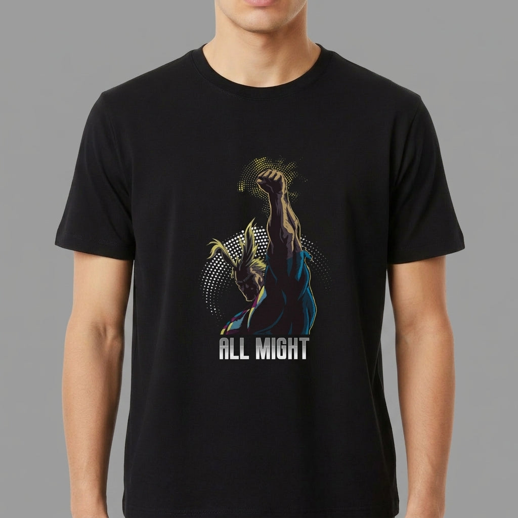 Camiseta com estampa frontal de personagem erguendo o punho em estilo heróico, rodeado por pontos luminosos, acompanhada da inscrição 