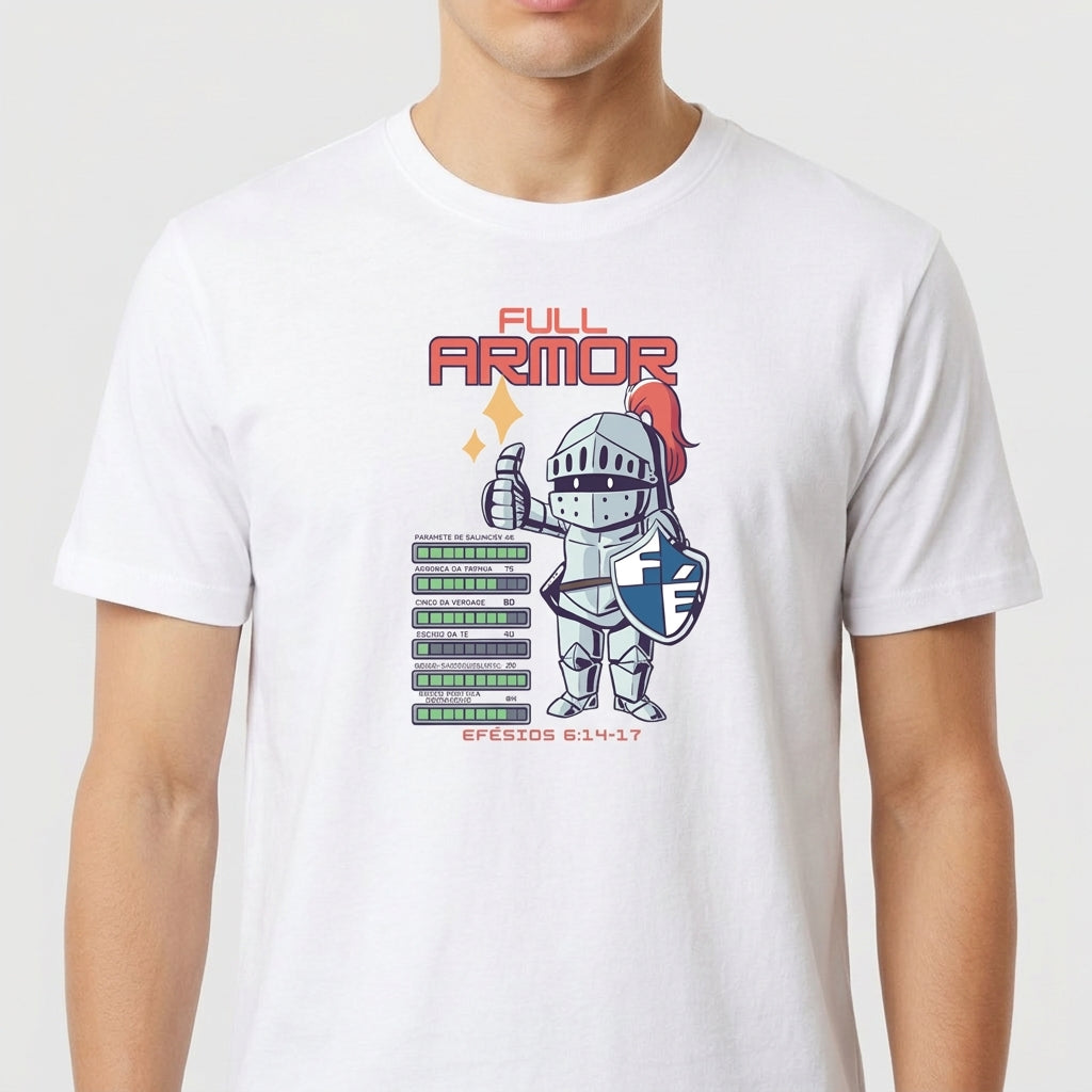 Camiseta com estampa frontal de um cavaleiro em armadura cheia, segurando um escudo com a letra "F", cercado por barras com textos e a inscrição "EFESIOS 6:14-17".