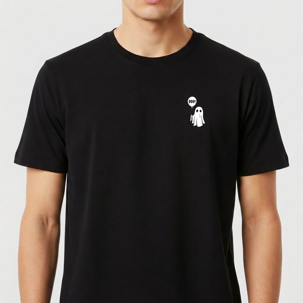 Camiseta com estampa frontal de um pequeno fantasma segurando um balão, localizado no lado esquerdo do peito, oferecendo um toque divertido e sutil.