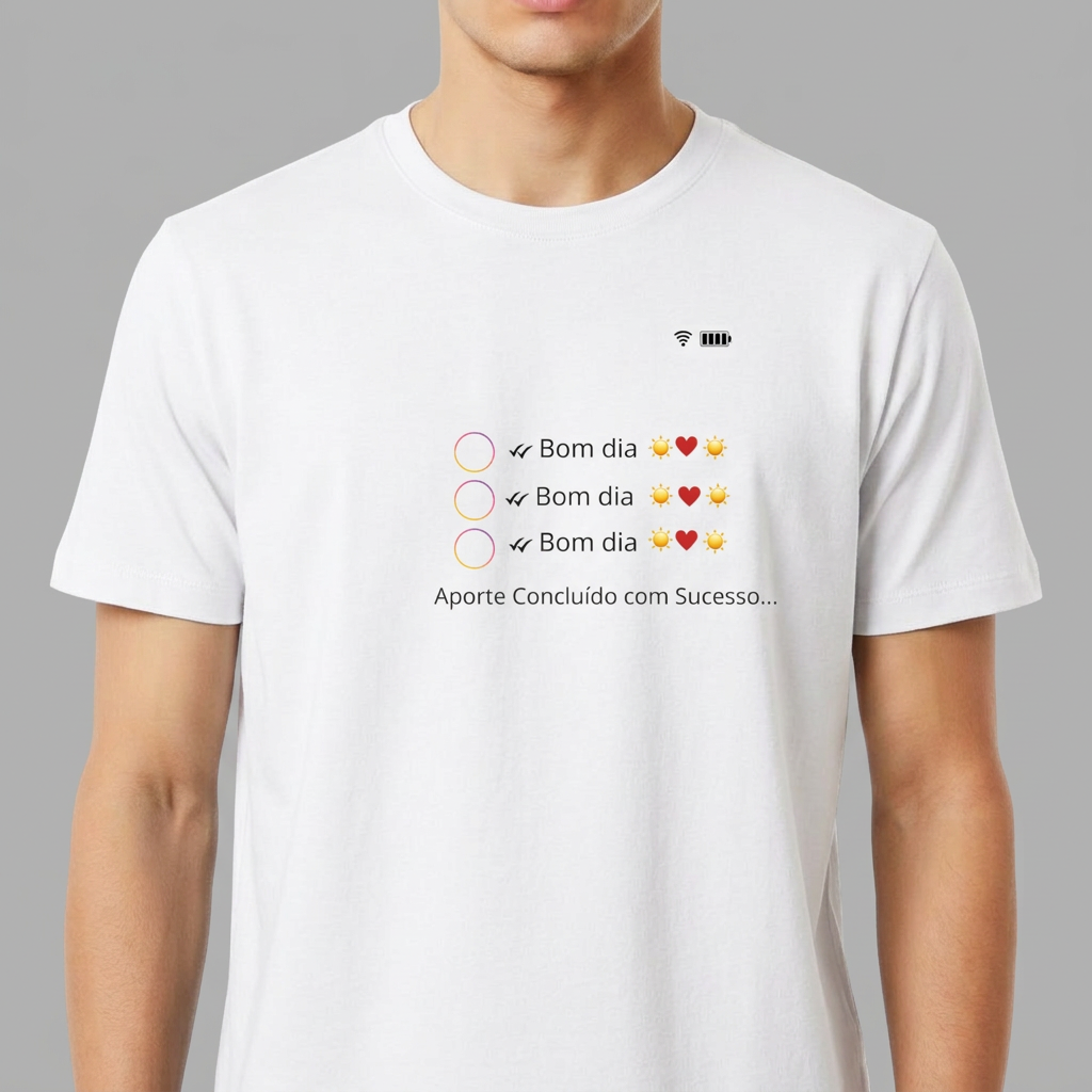 Camiseta com estampa frontal de mensagens "Bom dia" com ícones de sol e coração lado a lado de círculos coloridos, seguida de "Aporte Concluído com Sucesso...".
